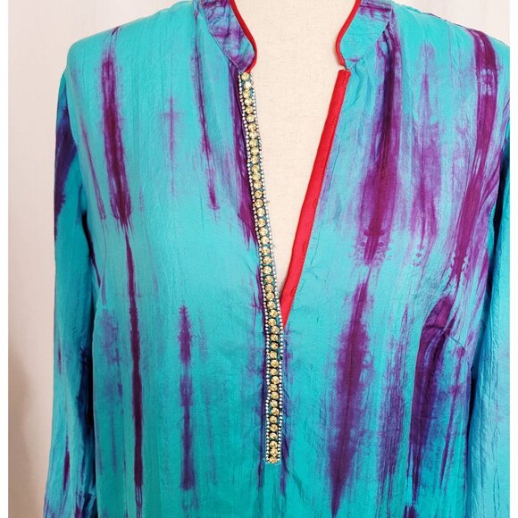 Soft Surroundings Tie-Dye Silk Tunic Size L Blue Purple Boho Beach Coverup - Picture 4 of 11